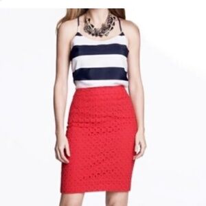 J Crew Factory The Pencil Skirt Red Cotton Eyelet SZ 2